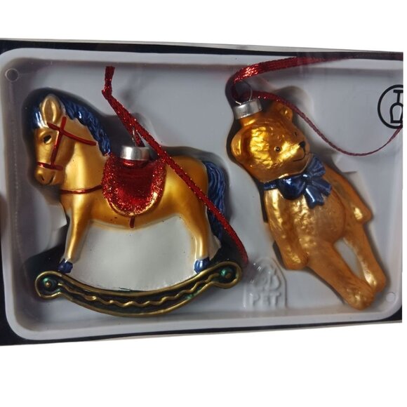Ikea Snömys Rocking Horse & Teddy Bear Glass Christmas Ornaments Set Of 2 - Picture 1 of 4